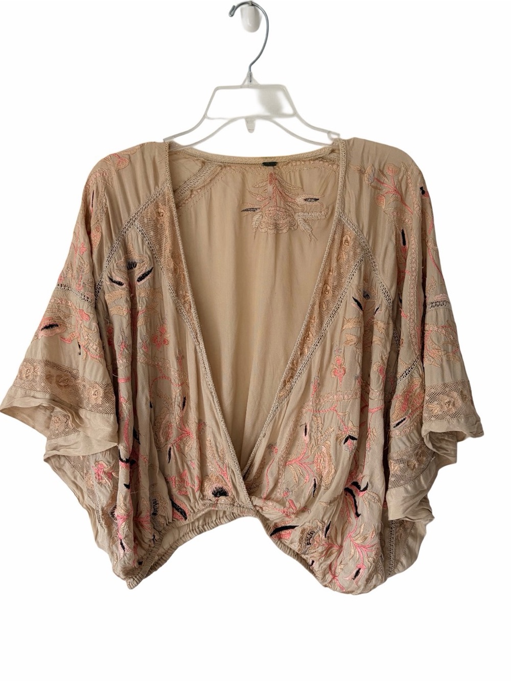 Free People Tan Pink Embroidered Lace Bat Wing Blouse size Medium